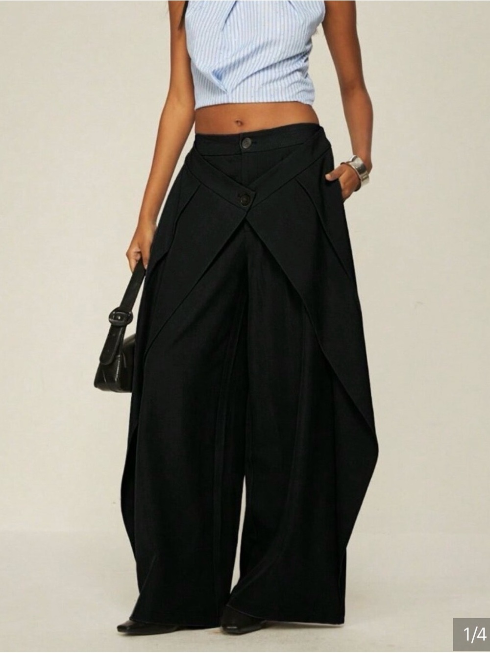 Black Elegant Women's Wide Leg Suit Pants With Double Waistband